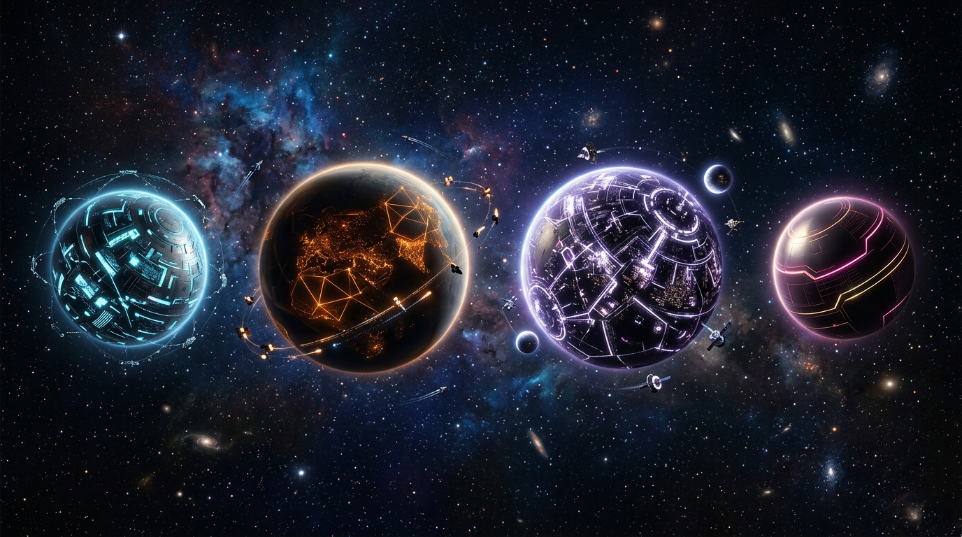 Four futuristic digital planets with glowing circuits and satellites in space