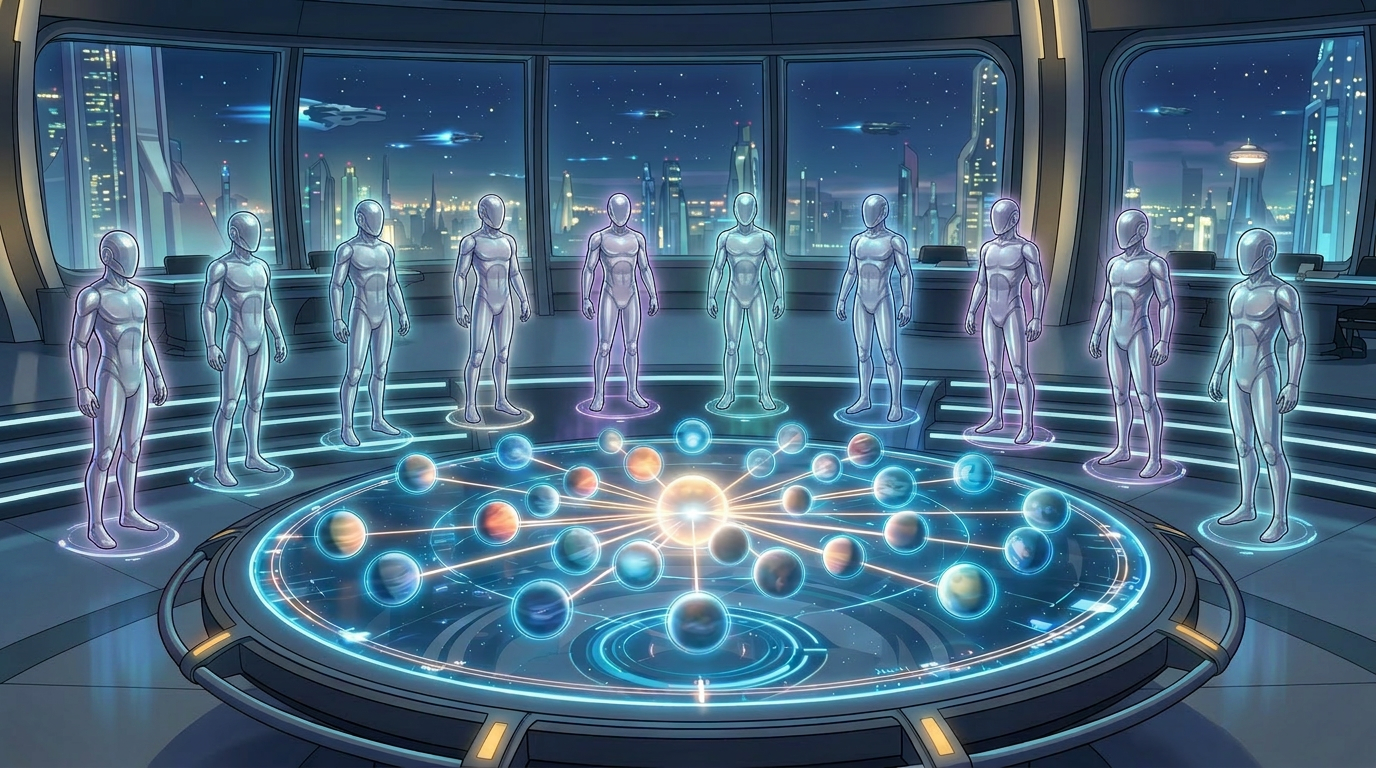 Group of futuristic leaders standing around a holographic table showing a star system with planets labelled