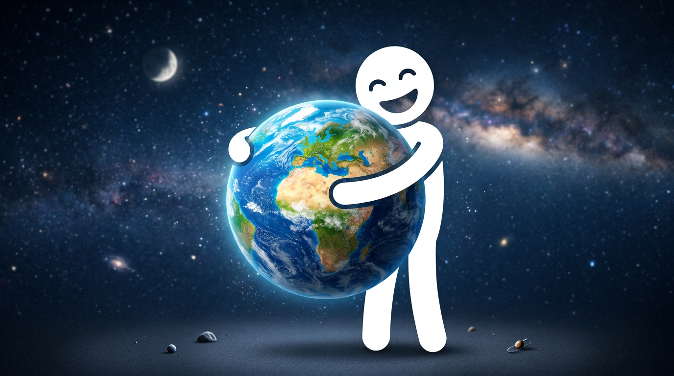 Cartoon figure with a smiling face hugging the Earth against a starry background